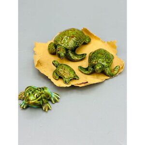 Miniature Green Ceramic Frog & Sea Turtle Figurine Set